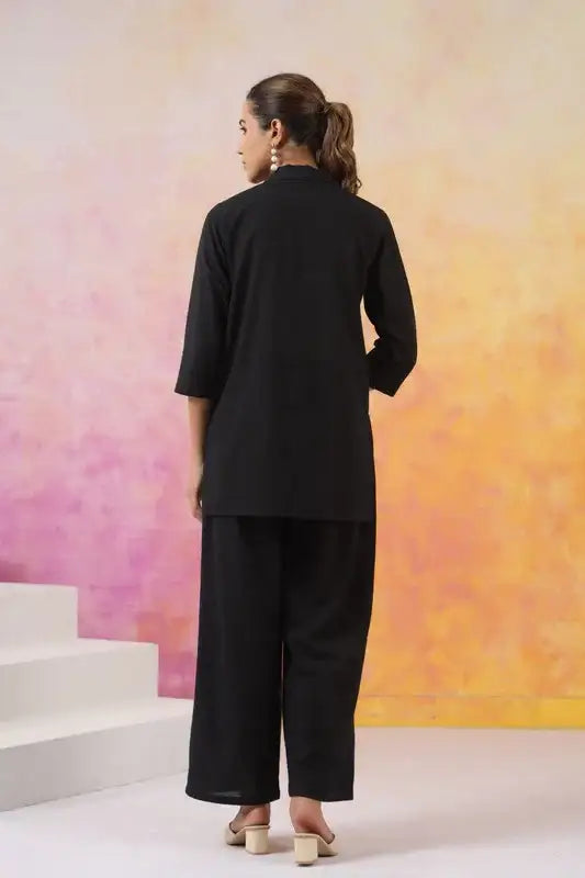 Black Palm Embroidered Cotton Co-ord Set