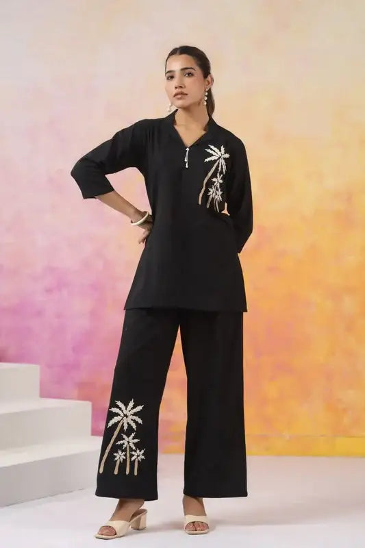 Black Palm Embroidered Cotton Co-ord Set