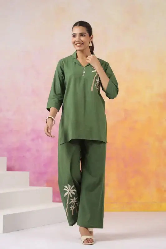 Olive Palm Embroidered Cotton Co-ord Set