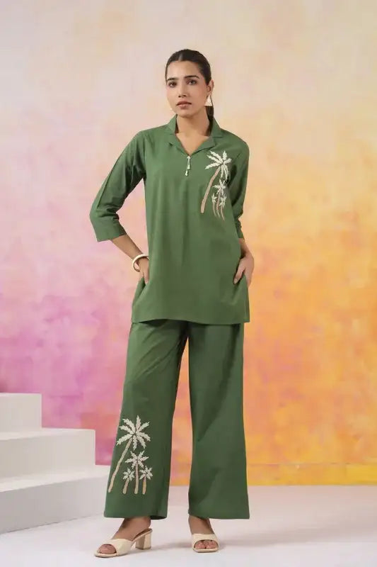 Olive Palm Embroidered Cotton Co-ord Set