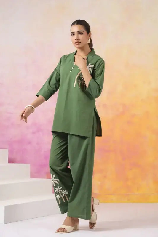 Olive Palm Embroidered Cotton Co-ord Set