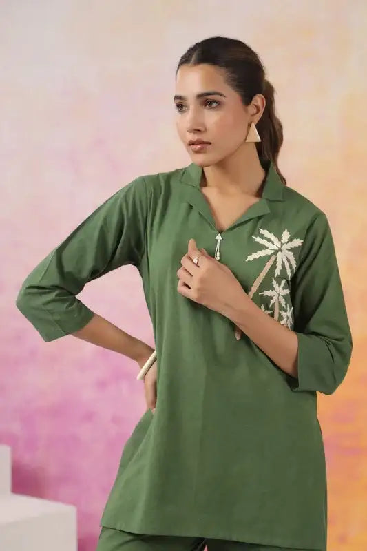 Olive Palm Embroidered Cotton Co-ord Set