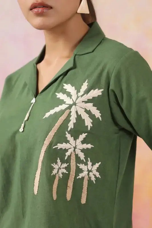 Olive Palm Embroidered Cotton Co-ord Set
