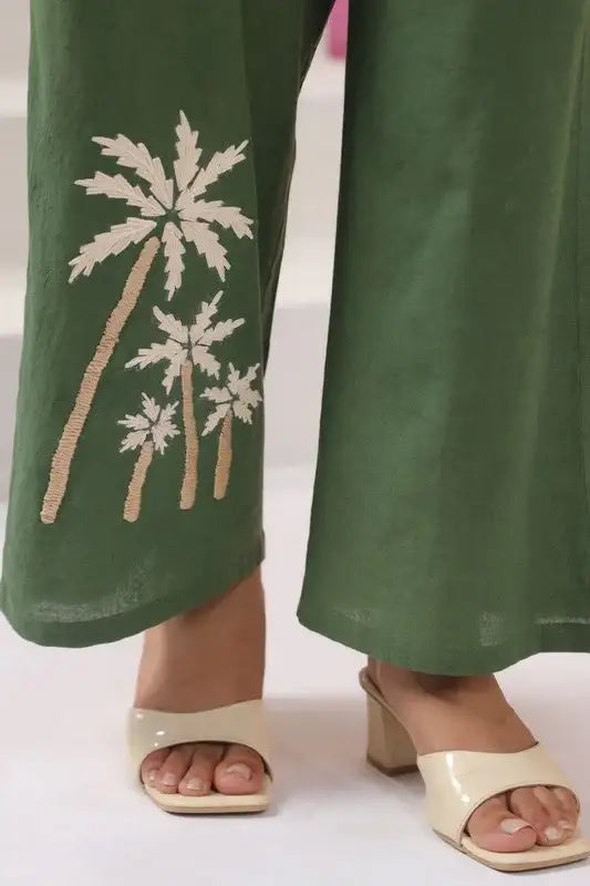 Olive Palm Embroidered Cotton Co-ord Set