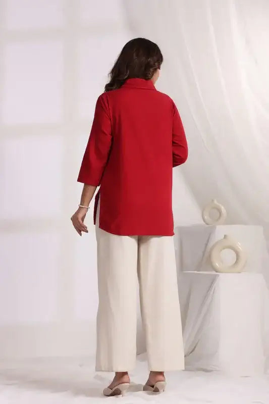 Embroidered Floral Red Cotton Flex Co-ord Set