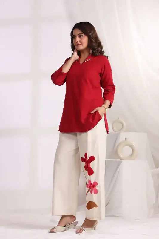 Embroidered Floral Red Cotton Flex Co-ord Set