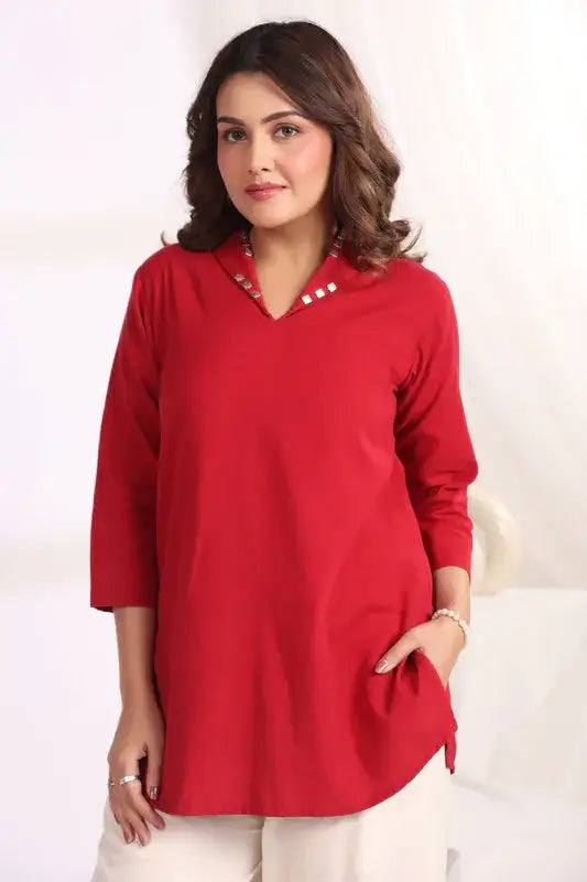 Embroidered Floral Red Cotton Flex Co-ord Set