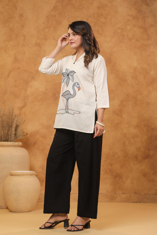 Handcrafted Flamingo Embroidered White Cotton Flex Co-ord Set