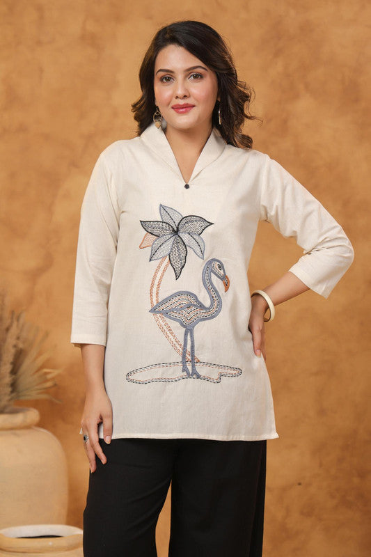 Handcrafted Flamingo Embroidered White Cotton Flex Co-ord Set