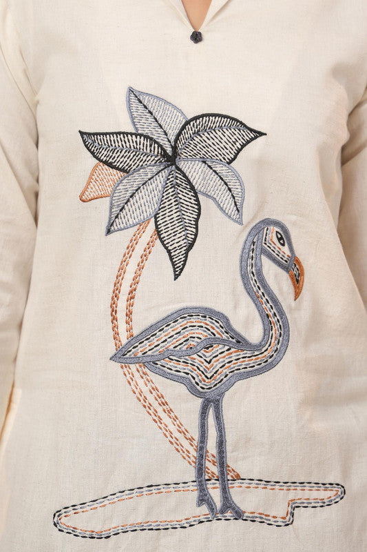 Handcrafted Flamingo Embroidered White Cotton Flex Co-ord Set