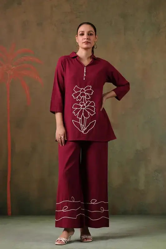Maroon Floral Embroidered Cotton Flex Co-ord Set