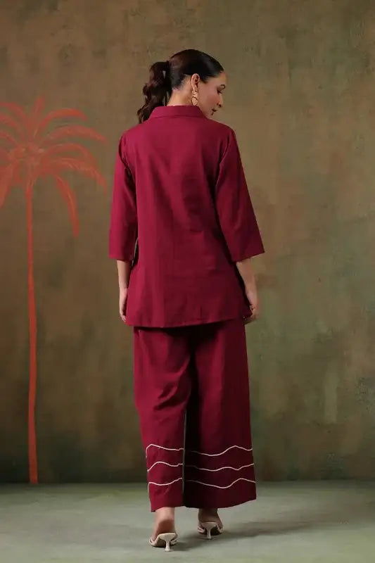 Maroon Floral Embroidered Cotton Flex Co-ord Set
