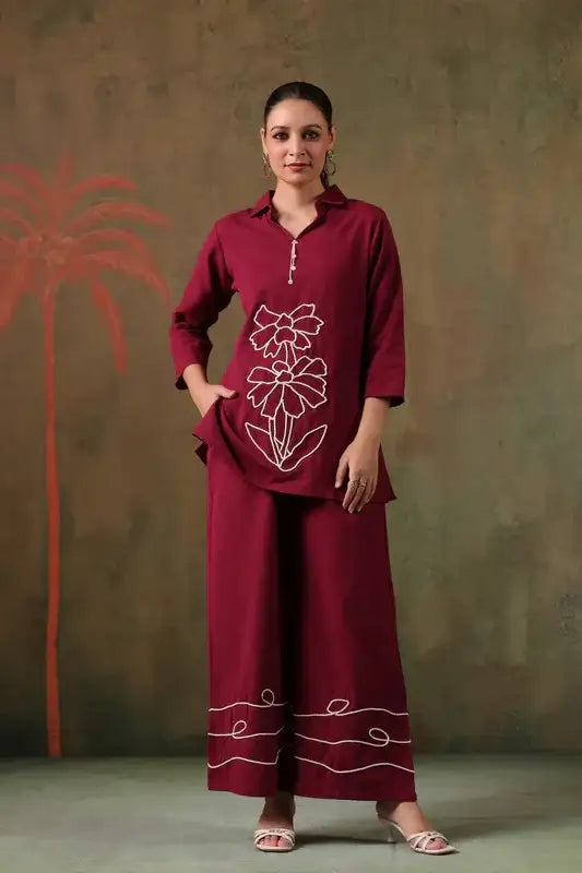 Maroon Floral Embroidered Cotton Flex Co-ord Set