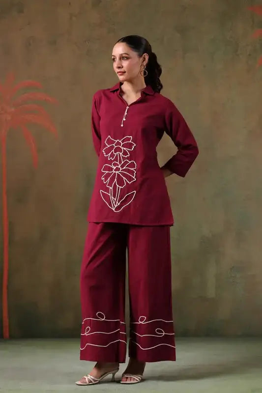Maroon Floral Embroidered Cotton Flex Co-ord Set