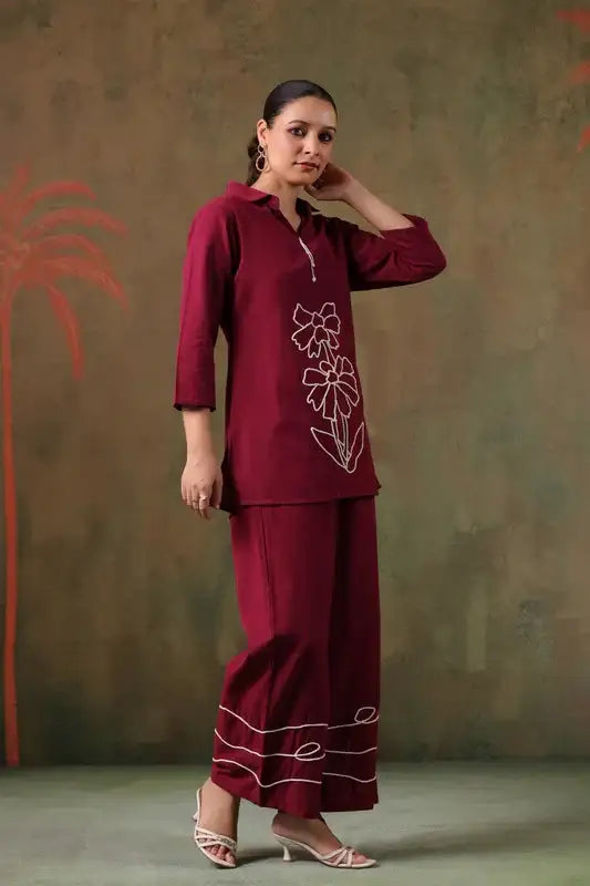 Maroon Floral Embroidered Cotton Flex Co-ord Set