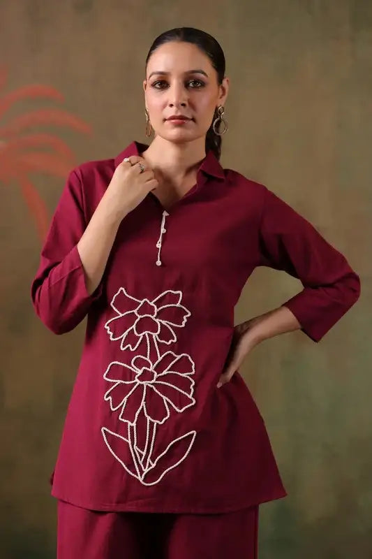 Maroon Floral Embroidered Cotton Flex Co-ord Set