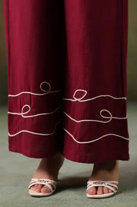 Maroon Floral Embroidered Cotton Flex Co-ord Set