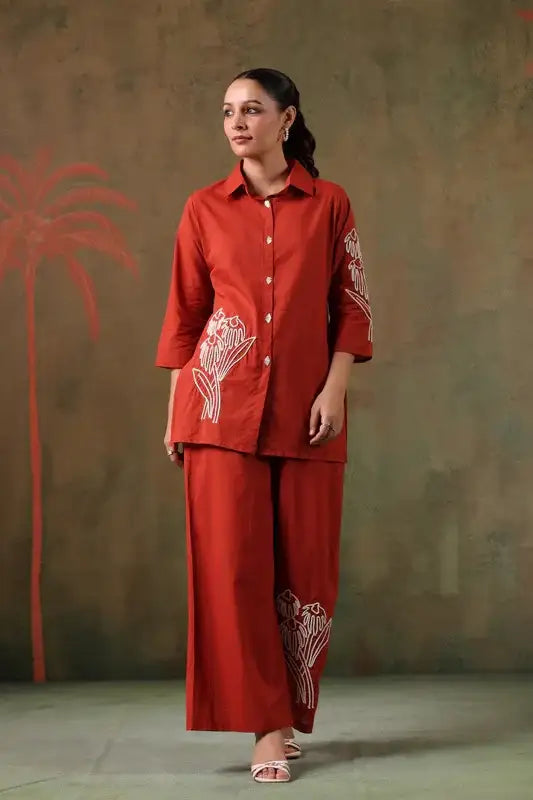 Rust Floral Embroidered Cotton Co-ord Set
