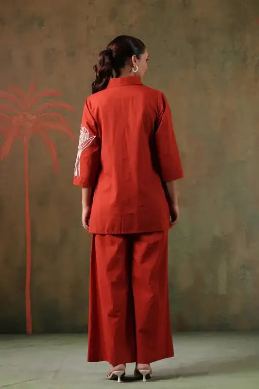 Rust Floral Embroidered Cotton Co-ord Set