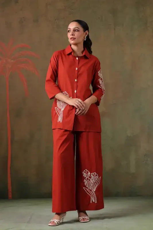 Rust Floral Embroidered Cotton Co-ord Set