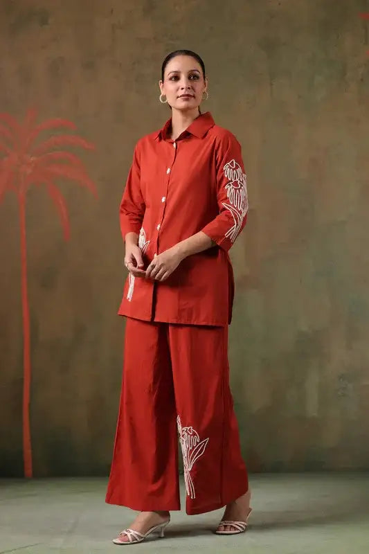 Rust Floral Embroidered Cotton Co-ord Set
