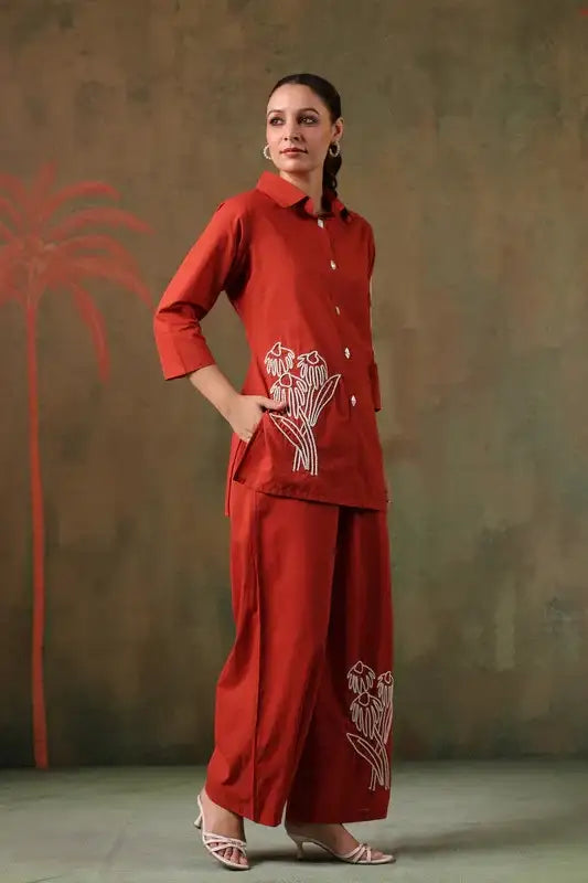 Rust Floral Embroidered Cotton Co-ord Set