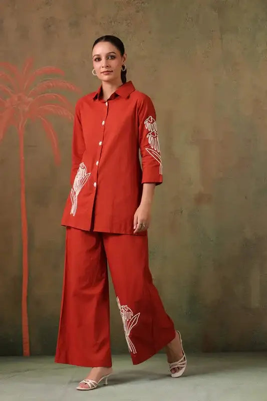 Rust Floral Embroidered Cotton Co-ord Set