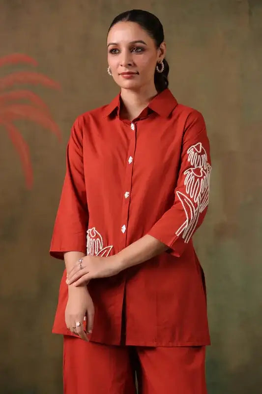 Rust Floral Embroidered Cotton Co-ord Set