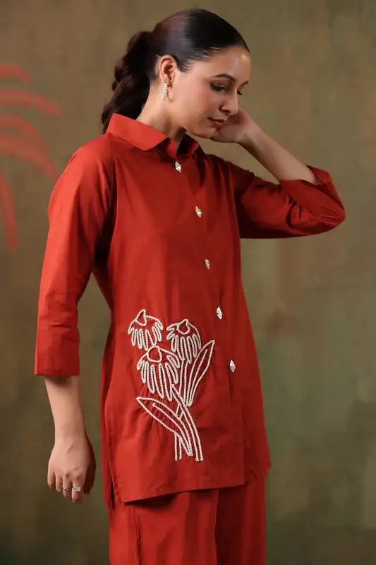 Rust Floral Embroidered Cotton Co-ord Set