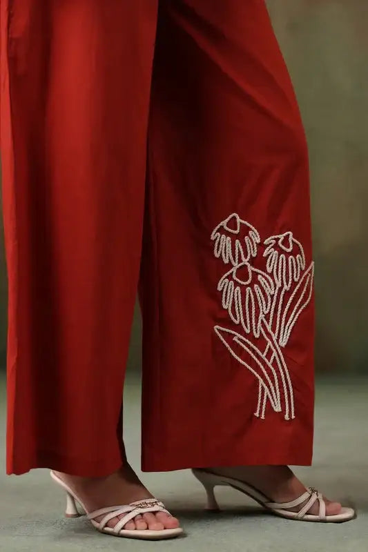 Rust Floral Embroidered Cotton Co-ord Set