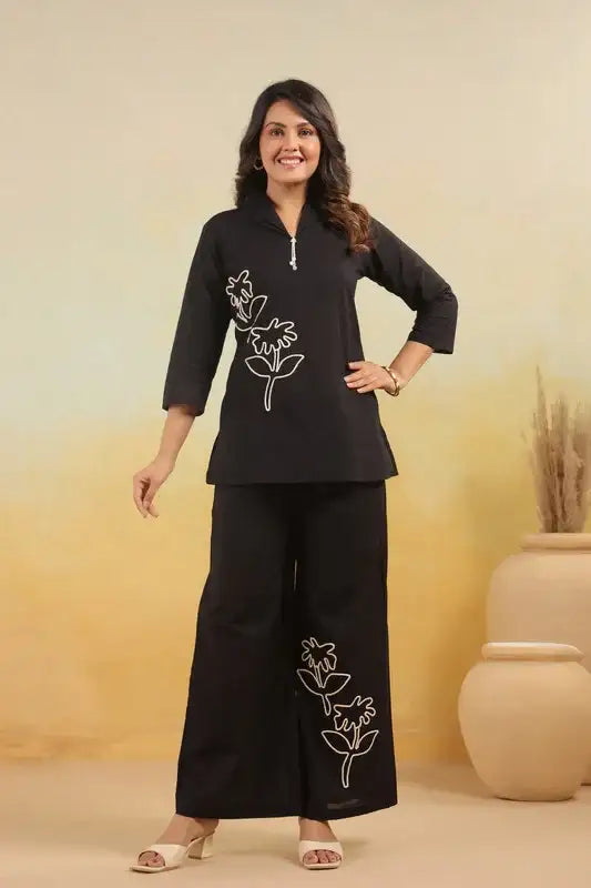 Monochrome Embroidered Flowers Cotton Co-ord Set