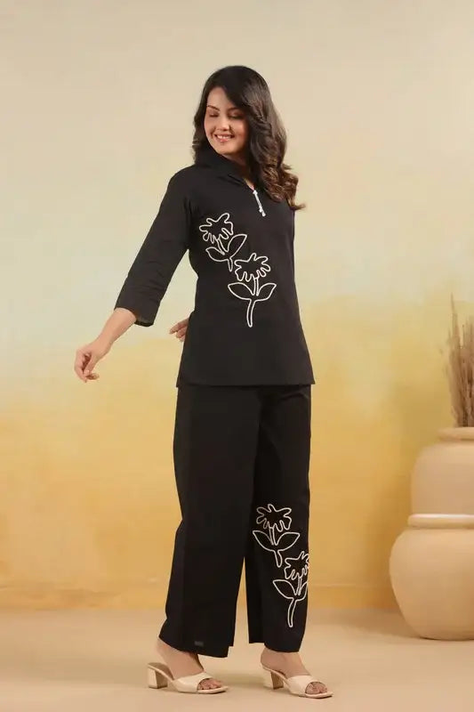 Monochrome Embroidered Flowers Cotton Co-ord Set