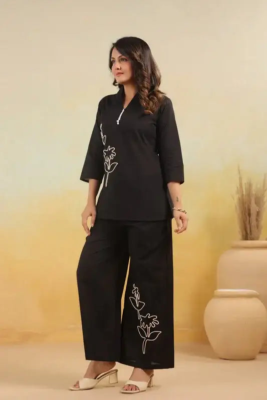 Monochrome Embroidered Flowers Cotton Co-ord Set