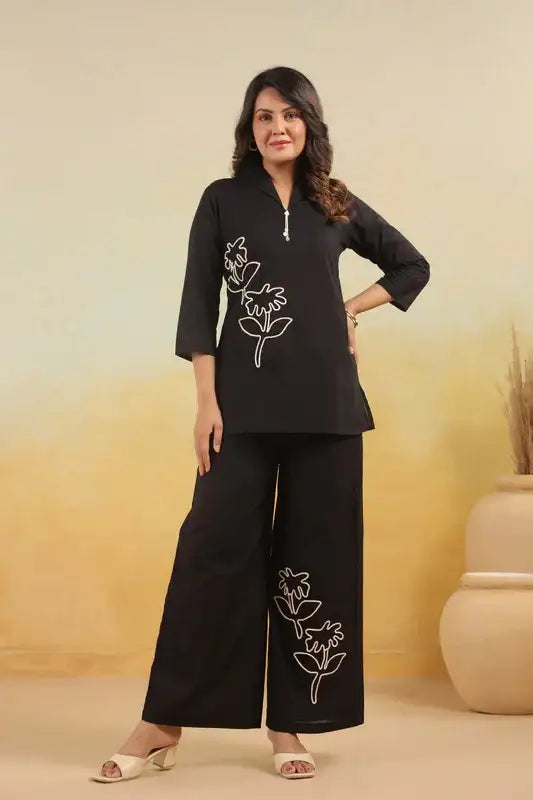Monochrome Embroidered Flowers Cotton Co-ord Set