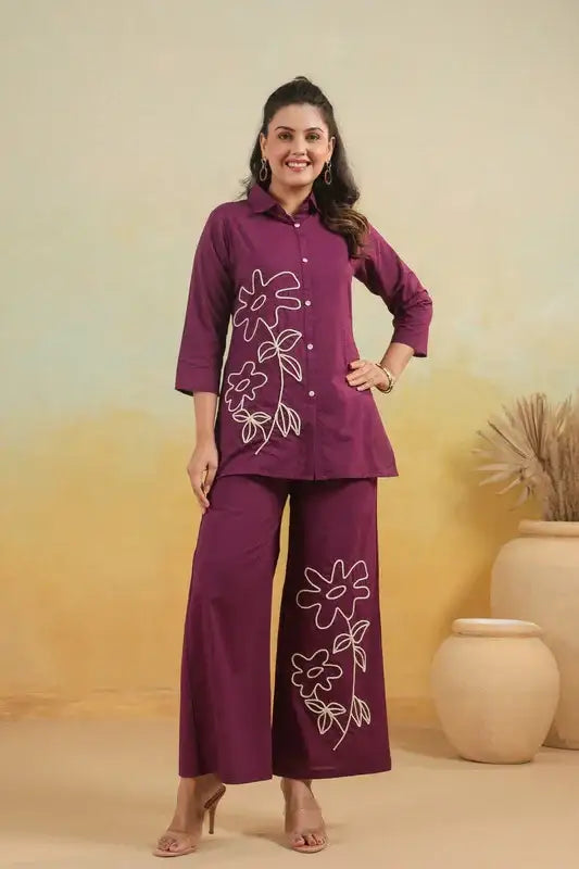 Purple Floral Embroidered  Cotton Flex Co-ord Set