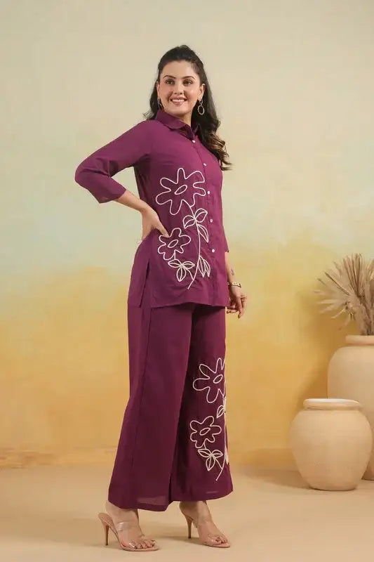Purple Floral Embroidered  Cotton Flex Co-ord Set