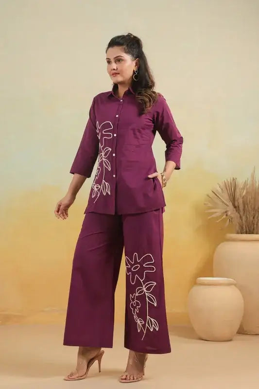 Purple Floral Embroidered  Cotton Flex Co-ord Set