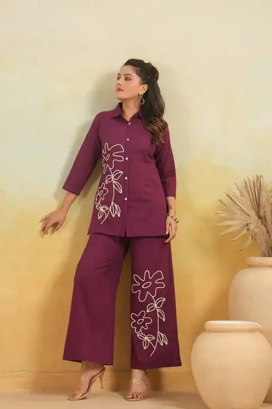 Purple Floral Embroidered  Cotton Flex Co-ord Set