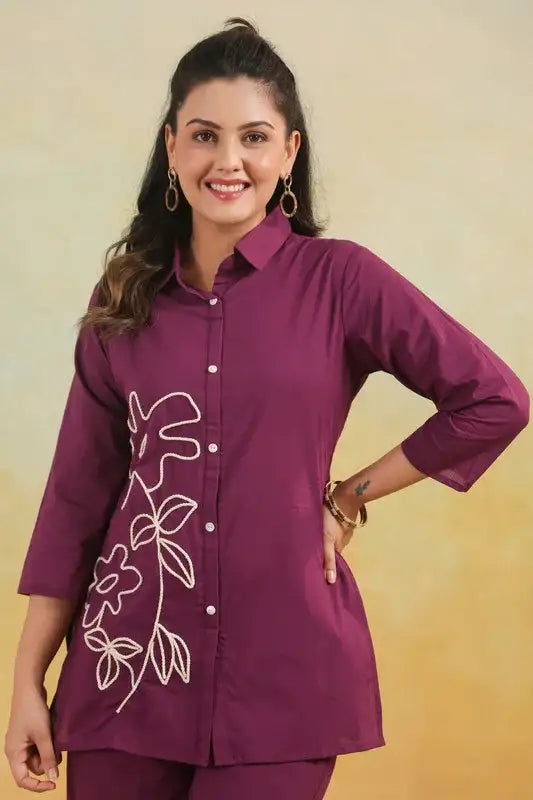 Purple Floral Embroidered  Cotton Flex Co-ord Set