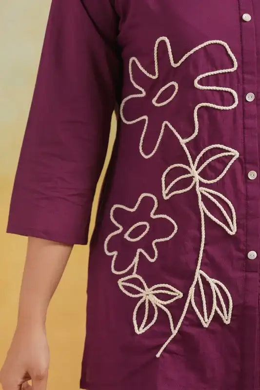 Purple Floral Embroidered  Cotton Flex Co-ord Set
