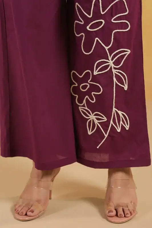 Purple Floral Embroidered  Cotton Flex Co-ord Set