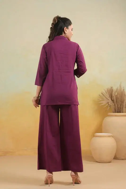 Purple Floral Embroidered  Cotton Flex Co-ord Set