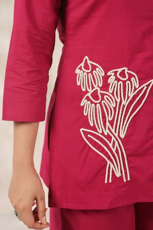 Fuchsia Floral Embroidered Cotton Co-ord Set