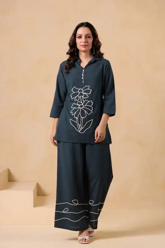 Teal Green Floral Embroidered Cotton Flex Co-ord Set