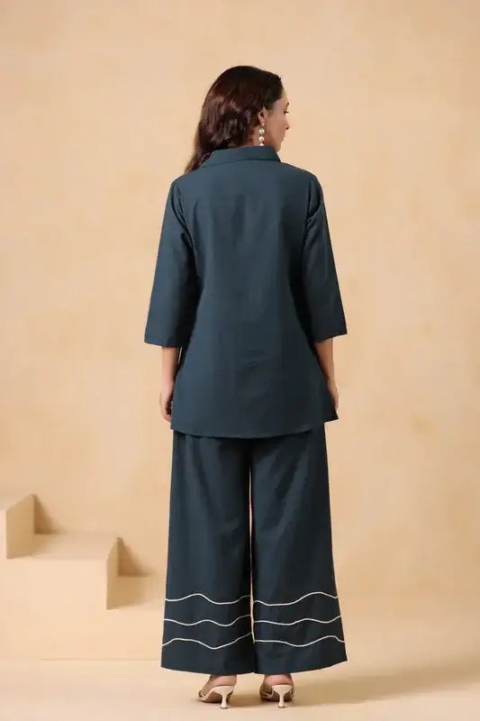 Teal Green Floral Embroidered Cotton Flex Co-ord Set