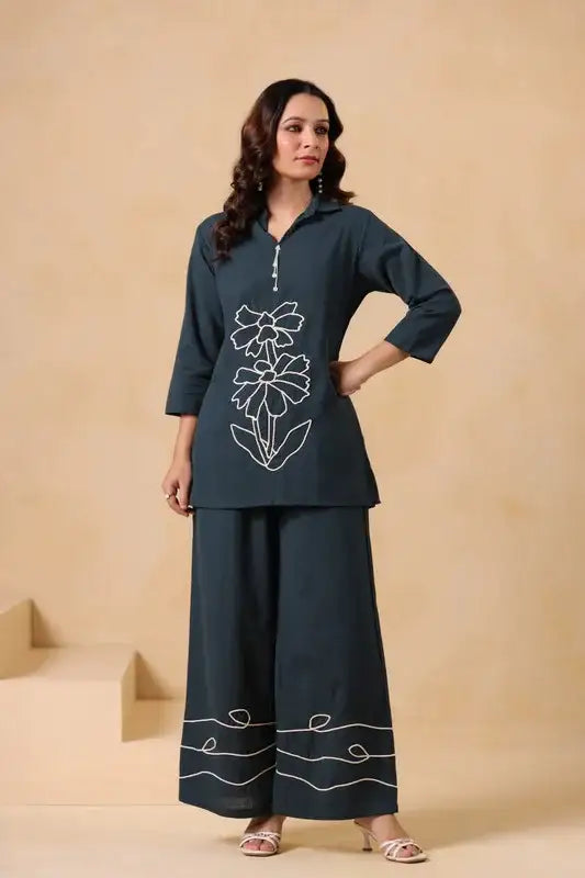 Teal Green Floral Embroidered Cotton Flex Co-ord Set