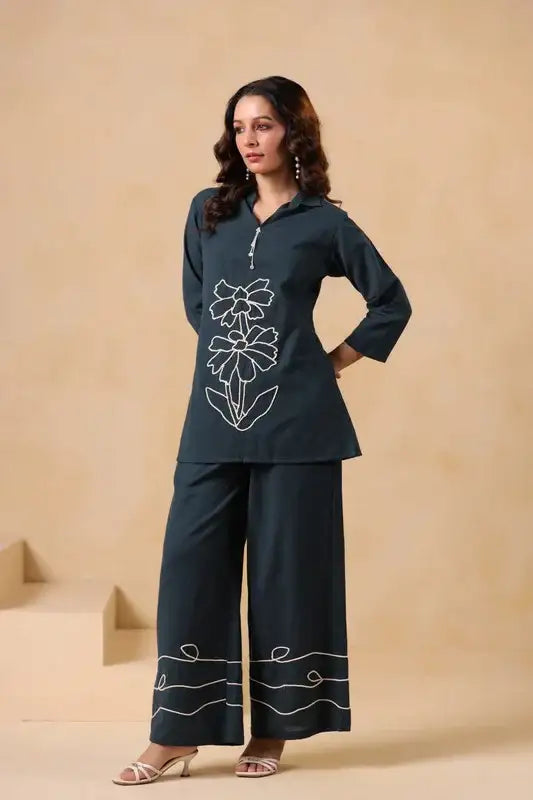 Teal Green Floral Embroidered Cotton Flex Co-ord Set