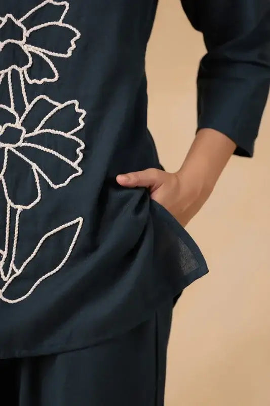 Teal Green Floral Embroidered Cotton Flex Co-ord Set