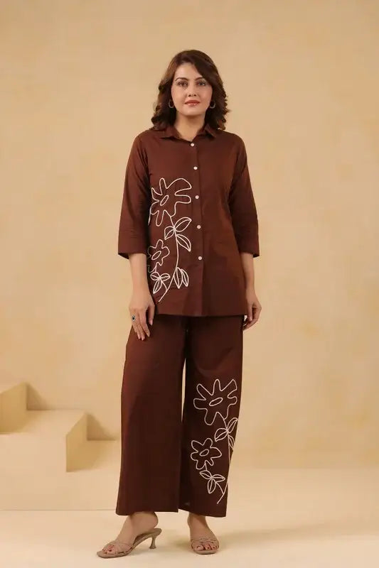 Cocoa Brown Floral Embroidered Cotton Co-ord Set