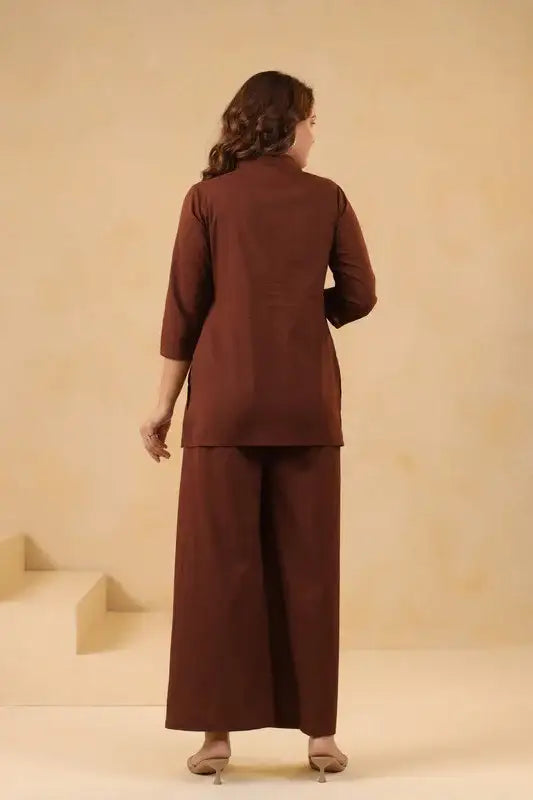 Cocoa Brown Floral Embroidered Cotton Co-ord Set